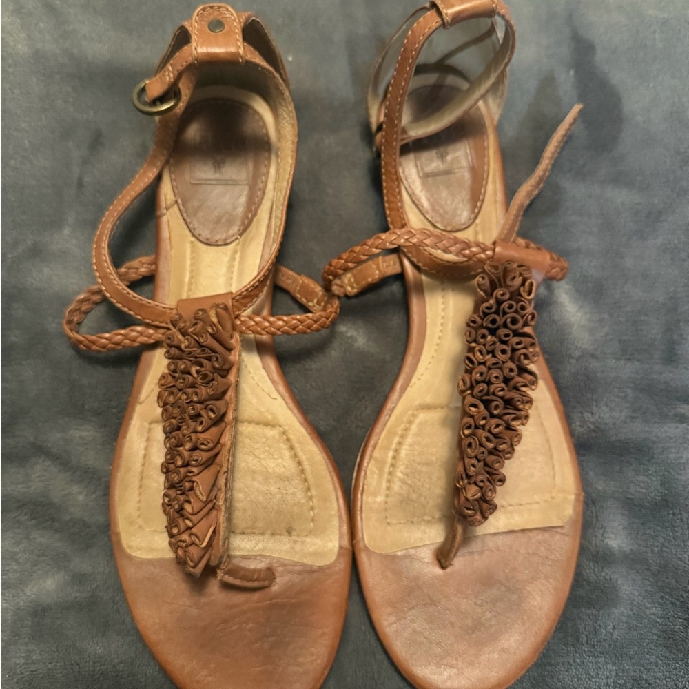 Frye Tan Leather Sandals with Braided Detail